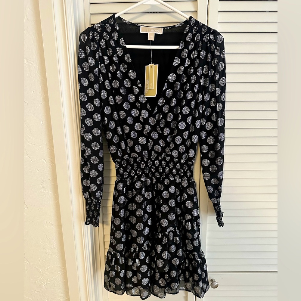 Michael by Michael Kors NWT black silver polka dot long sleeve short dress XXS